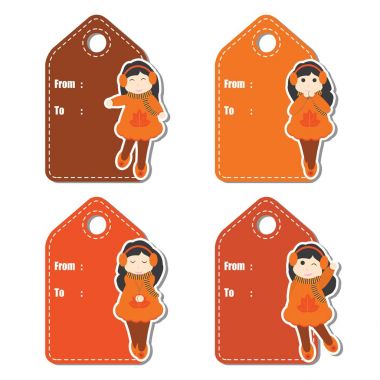 Sonbahar giysileri üzerinde şirin kızlar Sonbahar sezonu hediye etiket tasarımı için çizgi film illüstrasyon vektör