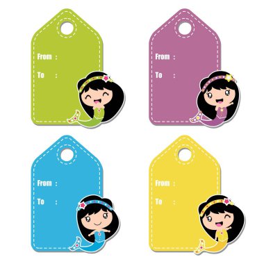 Sevimli deniz kızı kız vektör karikatür çizim doğum günü hediye etiket tasarımı için