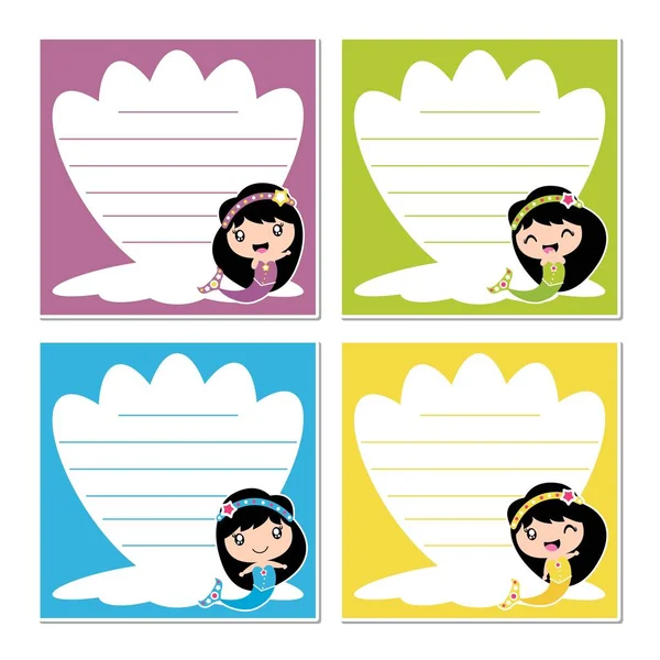 Söt sjöjungfru flickor på färgglada sea shell ram vektor tecknad illustration för kid memo papper design — Stock vektor