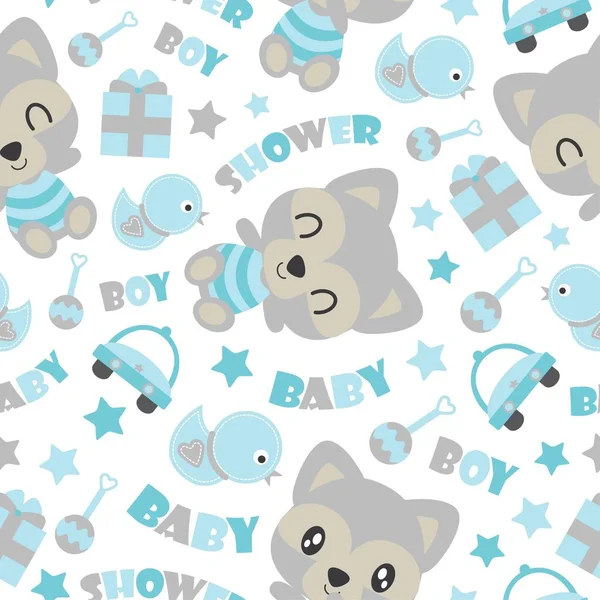 Patrón sin costuras de mapache bebé lindo, y juguetes para niños vector de dibujos animados ilustración para el papel de envoltura de ducha de bebé — Archivo Imágenes Vectoriales