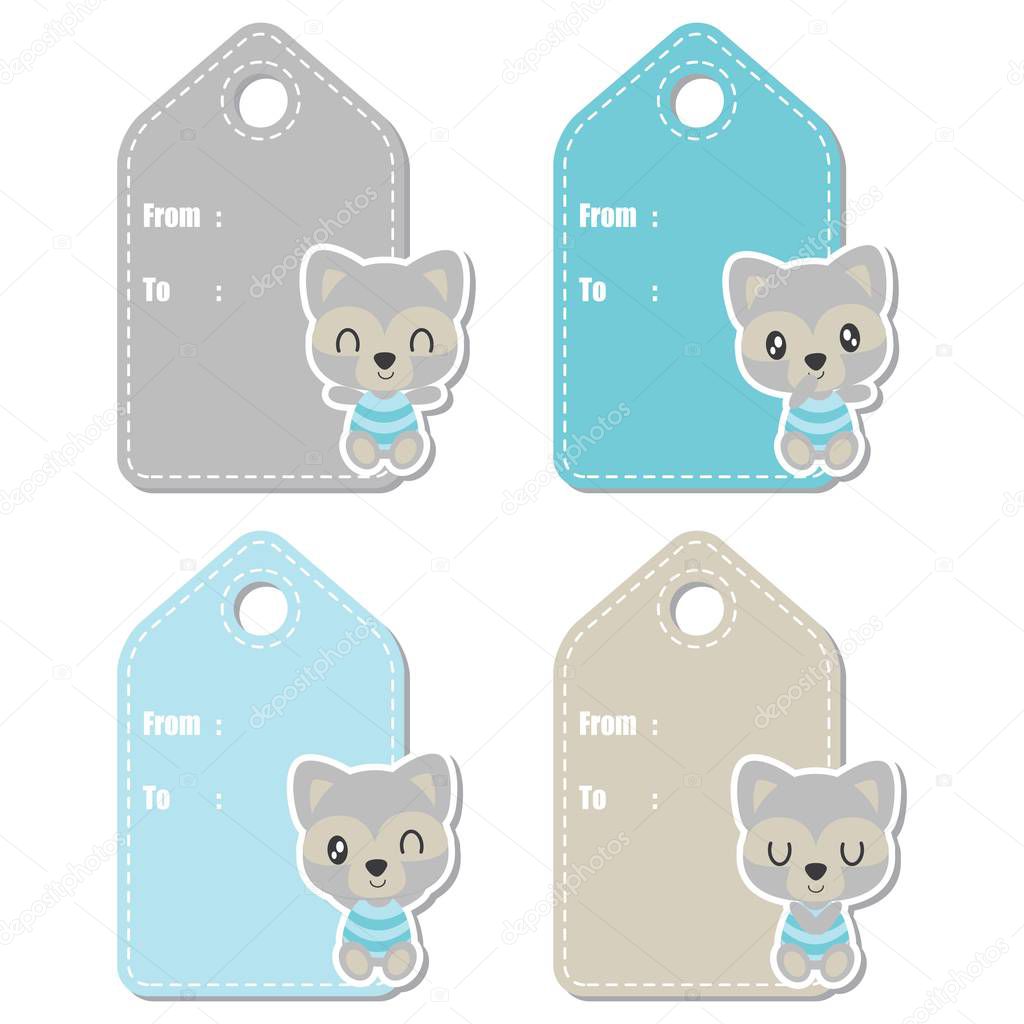 Cute raccoon boy vector cartoon illustration for baby shower gift tag design
