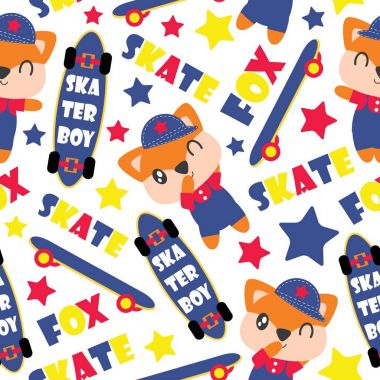 Şirin fox çocuk ve kaykaylar vektör karikatür çizim kağıt ambalaj bebek duş için seamless modeli