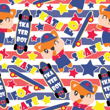 Şirin fox çocuk ve kaykaylar üzerinde çizgili arka plan vektör karikatür çizim kağıt ambalaj bebek duş için seamless modeli