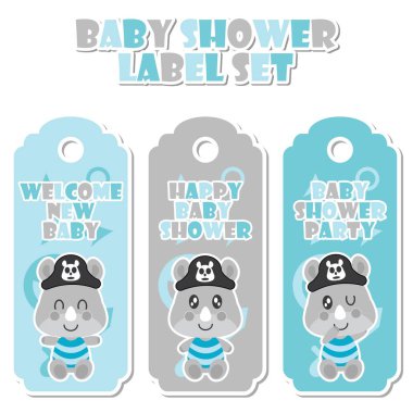 Şirin gergedanın çocuk korsanlar oyuncaklar arka plan vektör karikatür çizim için bebek duş etiket üzerinde set tasarımı