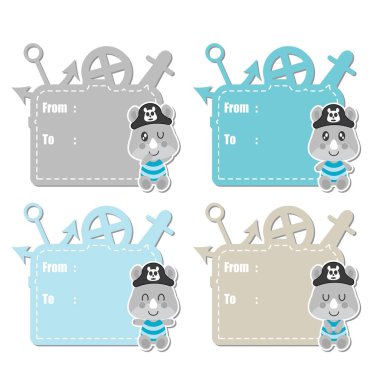 Şirin gergedan korsanlar çocuklar bebek duş hediye etiket tasarımı için çizgi film illüstrasyon vektör