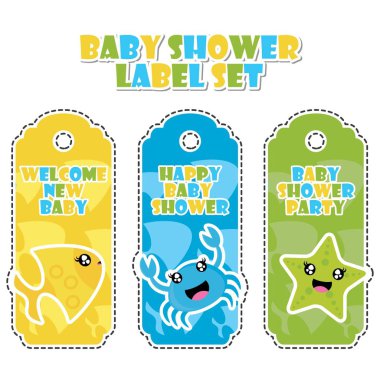 Sevimli deniz hayvanları balıklar arka plan vektör karikatür çizim için bebek duş etiket üzerinde set tasarımı