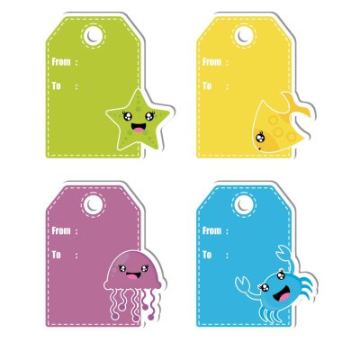 Sevimli deniz hayvanları doğum günü hediye etiket tasarımı için illüstrasyon karikatür