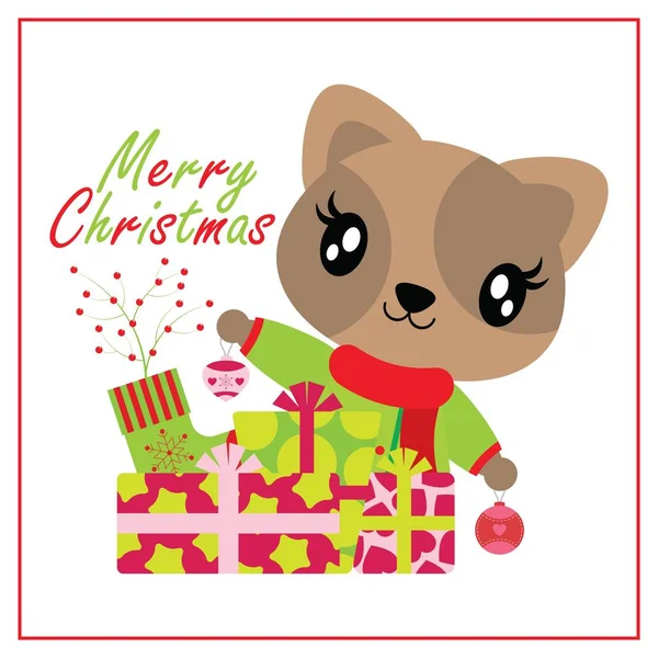 Милая кошка за Xams подарочные коробки и векторные рисунки носков для дизайна рождественских открыток — стоковый вектор