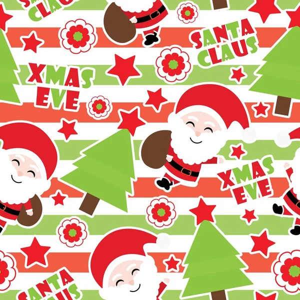 クリスマスのラッピング ペーパーの縞模様の背景ベクトル漫画イラストのかわいいサンタ クロースとクリスマス ツリーのシームレス パターン — ストックベクタ