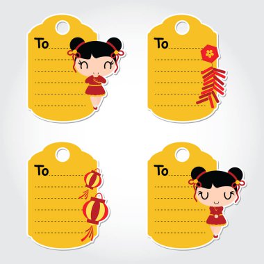 Şirin Çinli kız vektör karikatür çizim için Çin yeni yılı etiket tasarım, planlayıcısı kağıt ve Kırtasiye kağıt seti