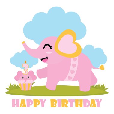 Şirin bebek fil onun doğum günü pasta vektör ile Happy Birthday kartları tasarımı, kartpostal ve duvar kağıdı illüstrasyon karikatür