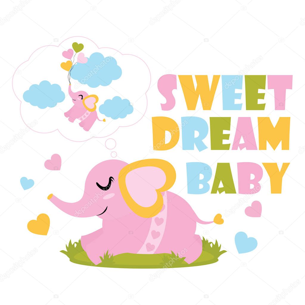 Cute Baby Elephant Has Sweet Dream Vector Cartoon Illustration