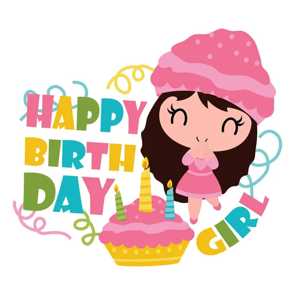 Cute Cupcake Girl Her Birthday Cake Vector Cartoon Illustration Happy — Stock Vector