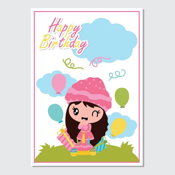 Cute Girl Birthday Cake Garden Vector Cartoon Illustration Happy Birthday — Stock Vector