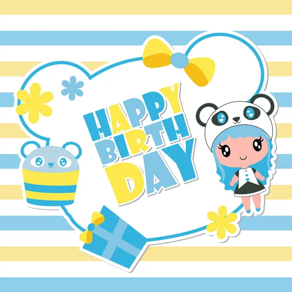 Cute Panda Girl Blue Frame Vector Cartoon Illustration Happy Birthday — Stock Vector
