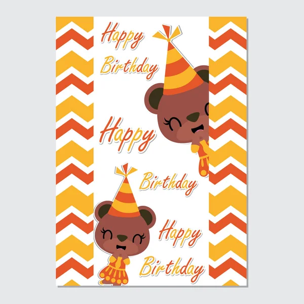 Cute Bear Girl Chevron Border Vector Cartoon Illustration Happy Birthday — Stock Vector