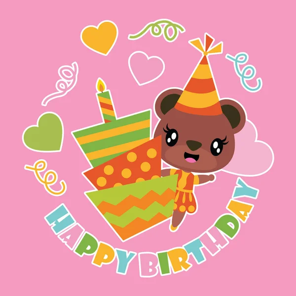 Cute Bear Girl Birthday Cake Vector Cartoon Illustration Happy Birthday — Stock Vector