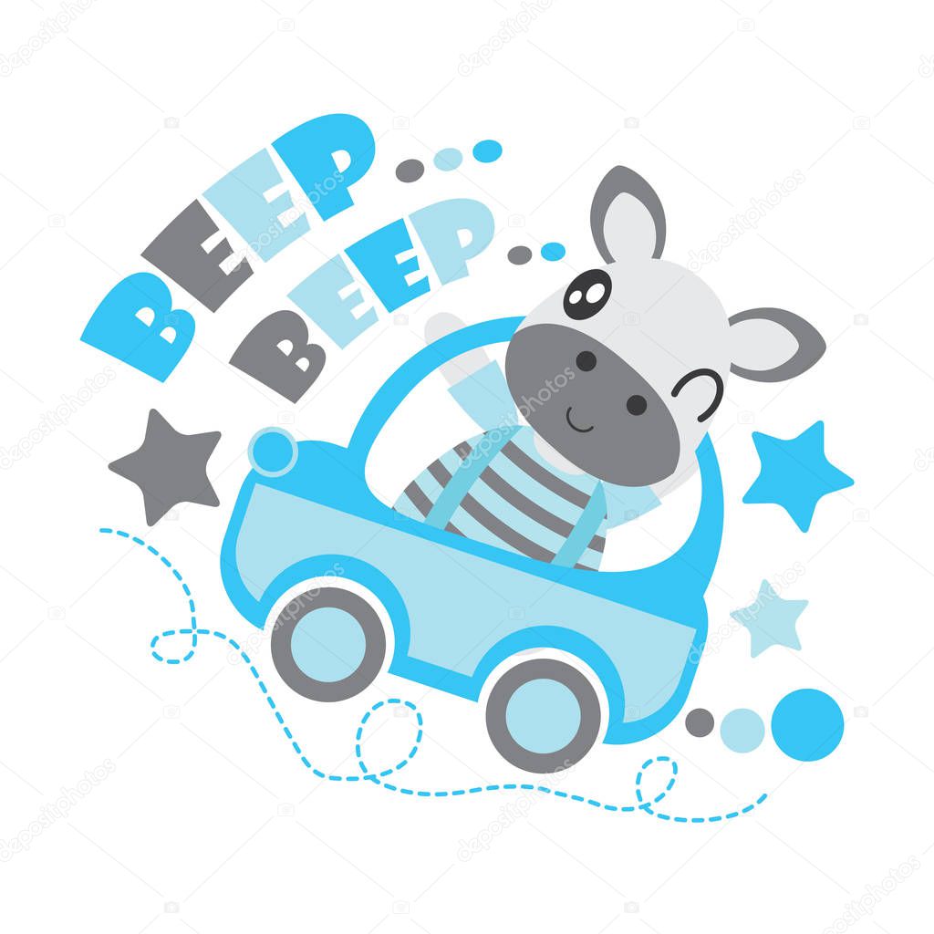 Cute zebra boy drives a car vector cartoon illustration for Kid t-shirt background design, postcard, and wallpaper