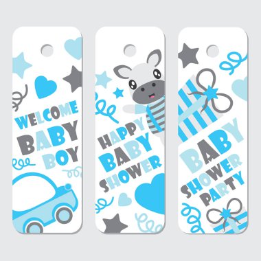 Şirin zebra çocuklar ve oyuncak bebek duş etiket Etiketler tasarım, kartpostal ve etiket kümesi için çizgi film illüstrasyon vektör