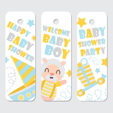 Sevimli koyun ve onun oyuncak bebek duş etiket Etiketler tasarım, kartpostal ve etiket kümesi için çizgi film illüstrasyon vektör