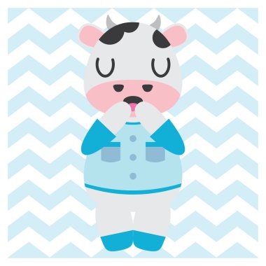 Sevimli inek çocuk üzerinde chevron arka plan vektör karikatür çizim bebek bebek odası duvar, duvar kağıdı ve kartpostal