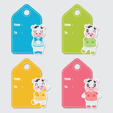 Şirin renkli inekler doğum günü hediyesi için çizgi film illüstrasyon vektör Etiketler tasarım, kartpostal ve etiket kümesi