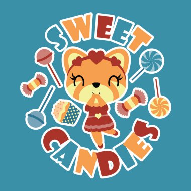 Sevimli kız fox ve tatlı şekerler karikatür çizim çocuk t-shirt arka plan tasarım, kartpostal ve duvar kağıdı için vektör