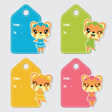 Sevimli renkli kız fox doğum günü hediyesi için çizgi film illüstrasyon vektör Etiketler tasarım, kartpostal ve etiket kümesi