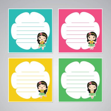 Şirin renkli aloha kız vektör çerçeve çizgi film gösterim amacıyla çocuk faturası kağıt etiket tasarımı, ileti örneği ve planlayıcısı