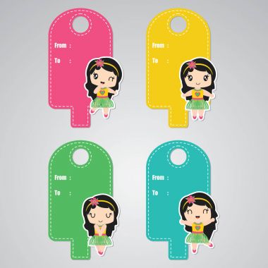 Şirin aloha kız özel vektör karikatür çizim doğum günü hediye Etiketler tasarım, kartpostal ve etiket için ayarla