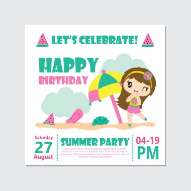 Sevimli kız yaz parti vektör karikatür çizim için doğum günü kartı tasarımı, kartpostal ve duvar kağıdı üzerinde
