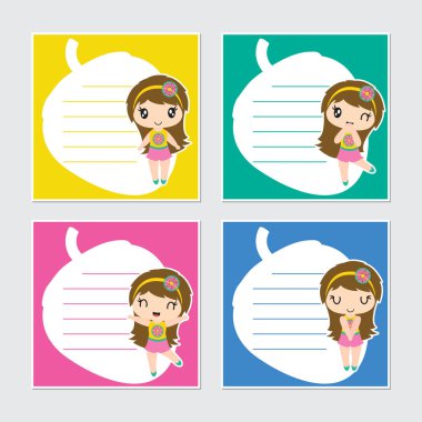 Şirin renkli plaj kız çerçeve vektör karikatür çizim yaz faturası kağıt etiket tasarımı, ileti örneği ve planlayıcısı için
