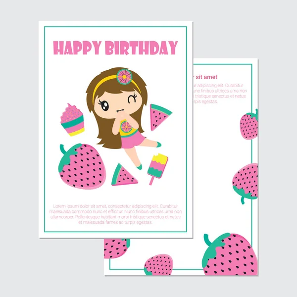 Cute Girl Summer Fruits Vector Cartoon Illustration Birthday Card Design — Stock Vector