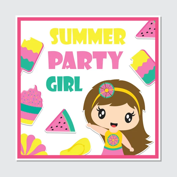 Cute Beach Girl Summer Elements Frame Vector Cartoon Illustration Birthday — Stock Vector