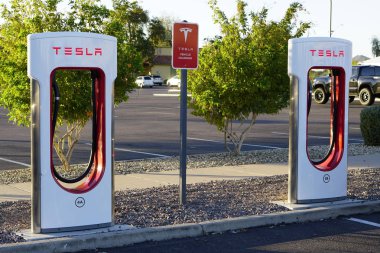 Tesla Superchargers in Phoenix, Arizona on January 6, 2020. clipart
