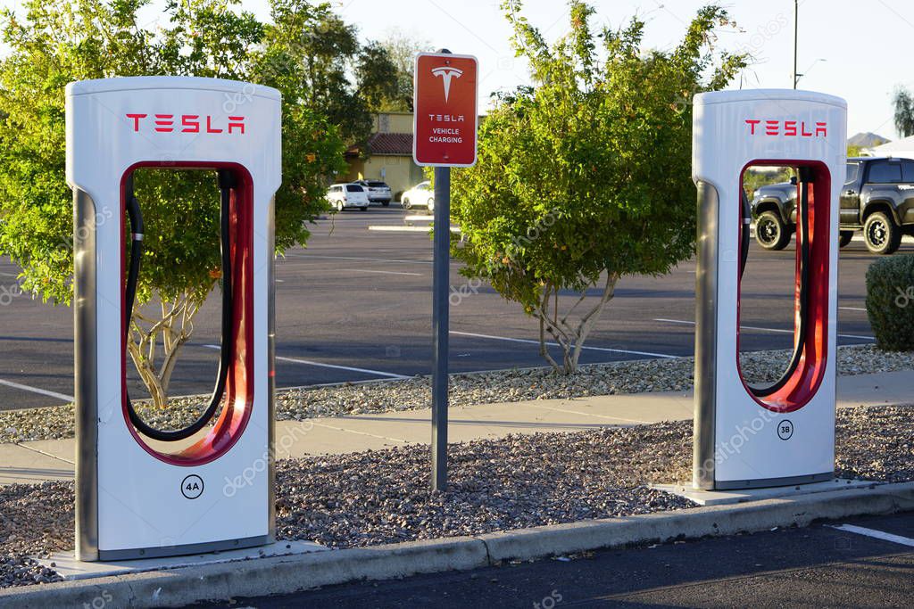Tesla Superchargers in Phoenix, Arizona on January 6, 2020.