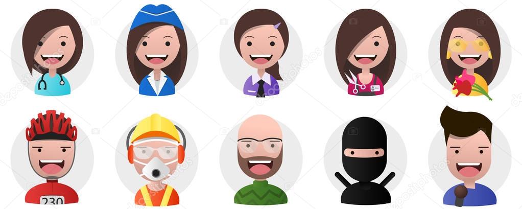 Set of avatars, positive persons, female and male professions