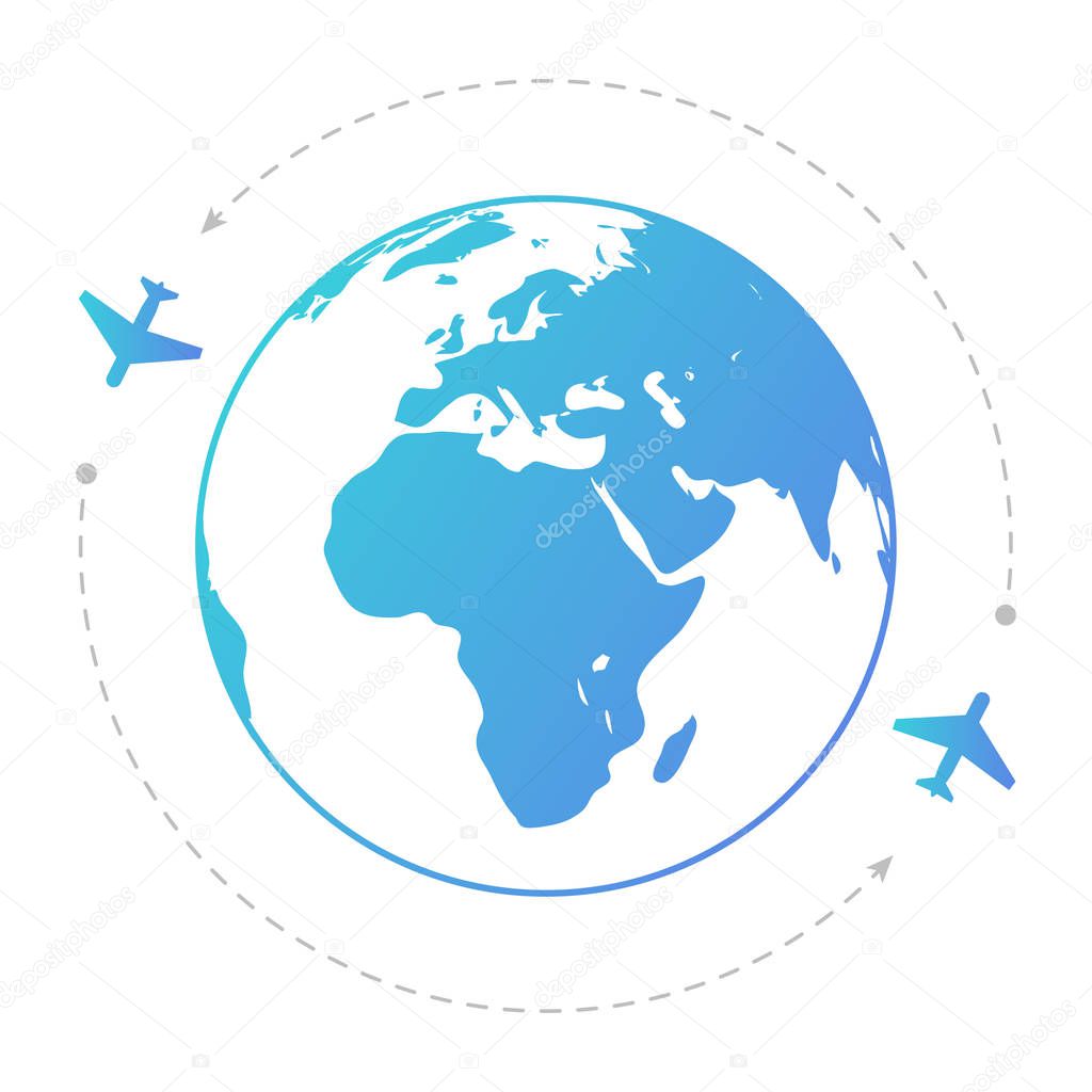 Two aircraft around the globe. Contour illustration.  Editable e