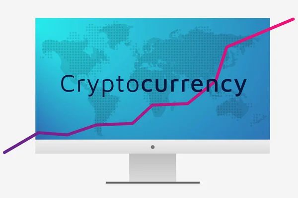 Cryptocurrency grafiek en wereld kaart op pc-scherm. Bewerkbare eps10 — Stockvector