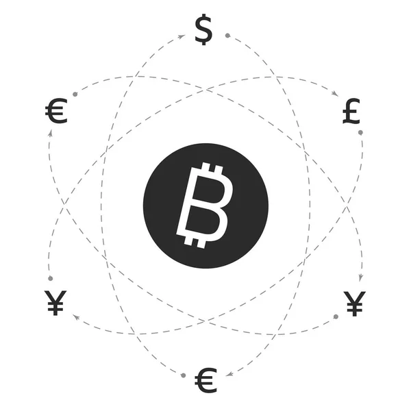 Bitcoin logotipo e sinais de outras moedas com linhas de câmbio . — Vetor de Stock