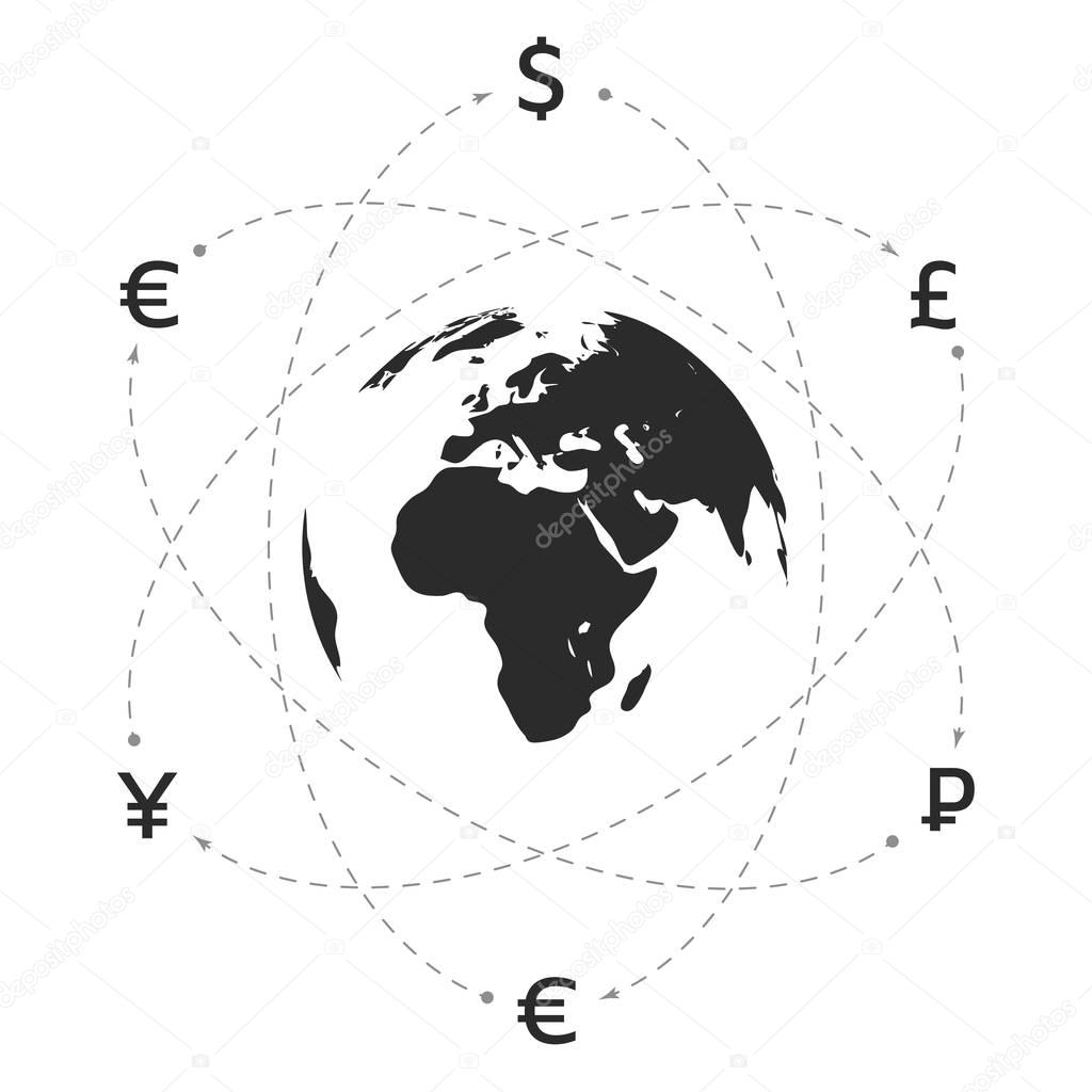 Globe and money icon. Abstract sign currency exchange flat design. Illustration. Editable eps10 Vector. Transparent background.