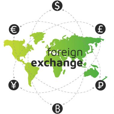Yeşil dünya harita, para ve bitcoin simgesi. 