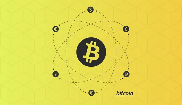Logo Bitcoin e segni di altre valute con linee di cambio . — Vettoriale Stock