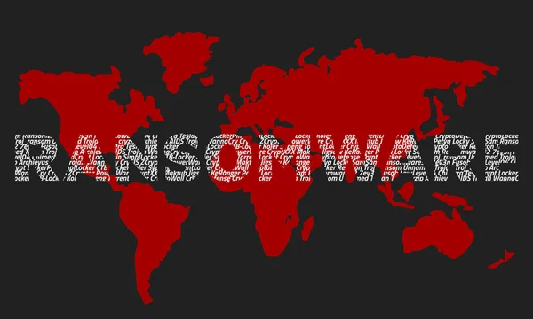 Le mot ransomware composé des noms des virus sur le dos . — Image vectorielle