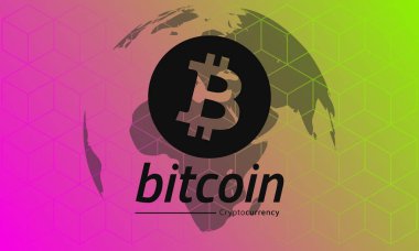 Bitcoin logo siyah. Kırmızı-yeşil degrade arka plan. Eps10 vektör
