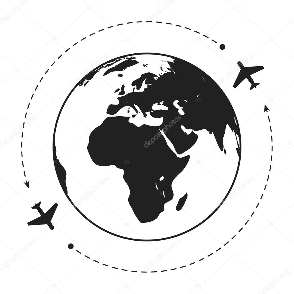 Two aircraft around the globe. Grey white illustration.  Eps10