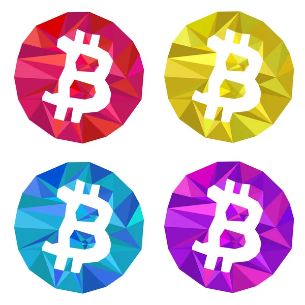 Triangolare Bitcoin logo set. Rosso Giallo Blu Viola . — Vettoriale Stock