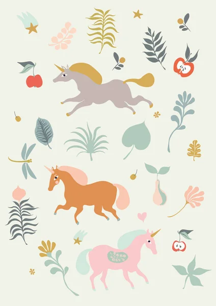 Unicornios corriendo entre flores — Vector de stock