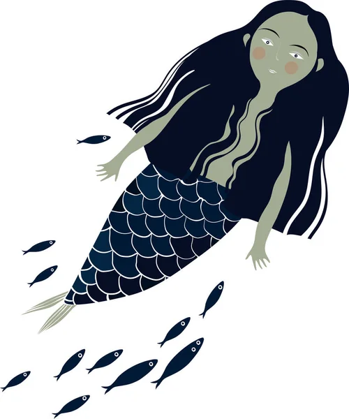 魚の群れに浮かぶ小さな人魚とベクトル イラスト — ストックベクタ