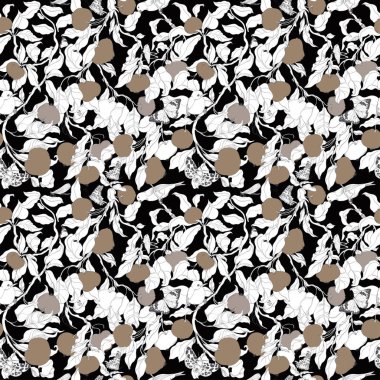 ağaçlar, böcekler, kuşlar ve kelebekler siyah bir arka plan ile sorunsuz süsleme